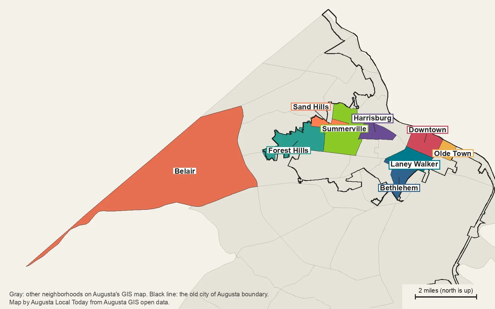 Map of Augusta's GIS neighborhoods with nine colored: Belair in the west; Forest Hills, Sand Hills, Summerville and Harrisburg west of downtown; Downtown and Olde Town on the river; Laney Walker and Bethlehem south of downtown