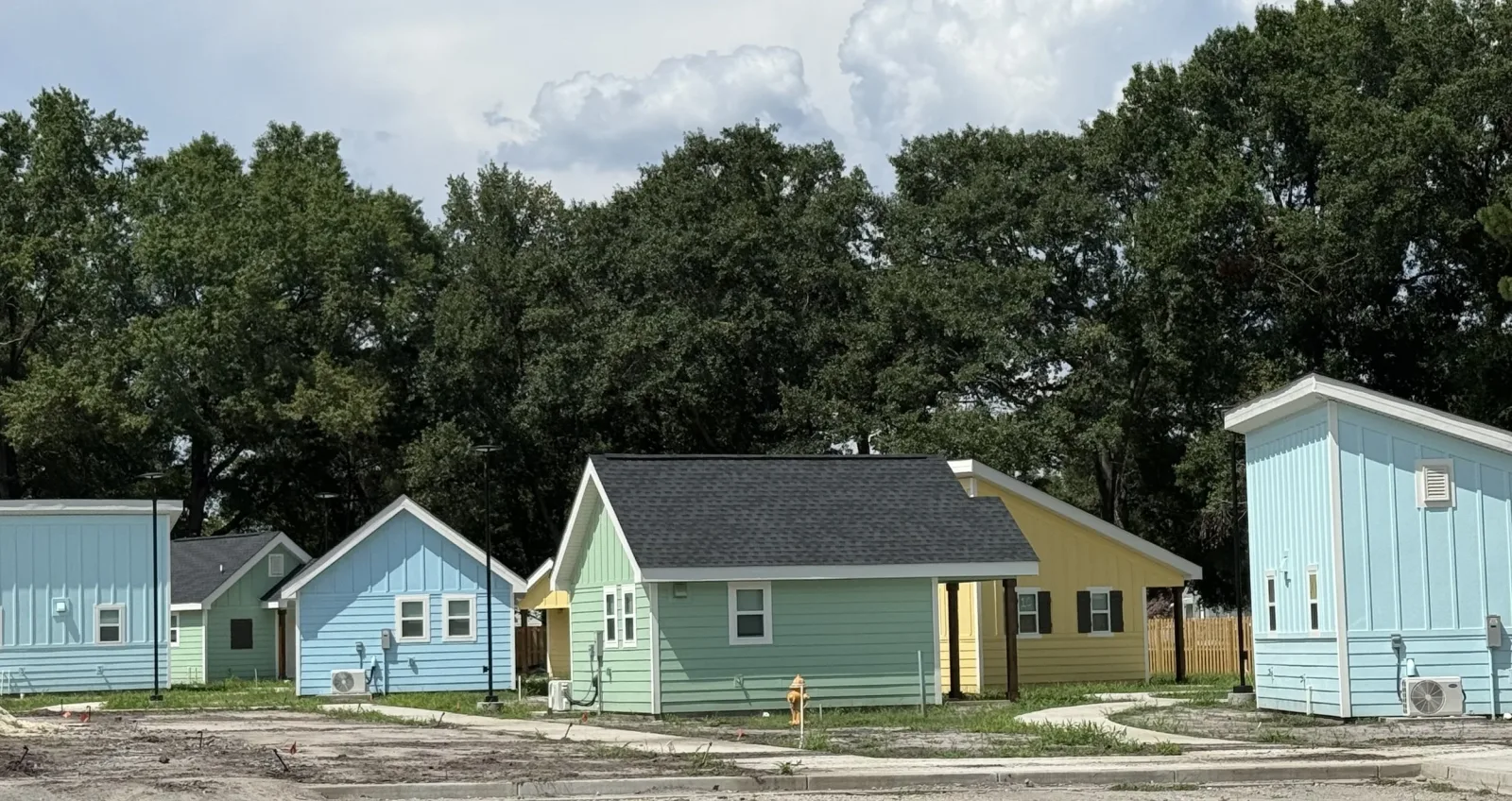 Tiny homes at the Bridge Builder Communities village on Merry Street, Augusta, near the end of construction.