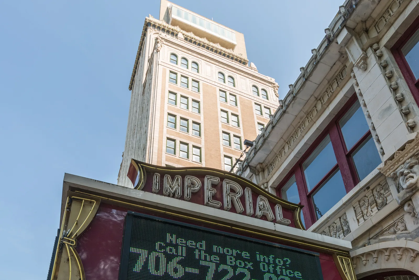 The marquee of the Imperial Theatre on Broad Street, with the Lamar Building behind it.