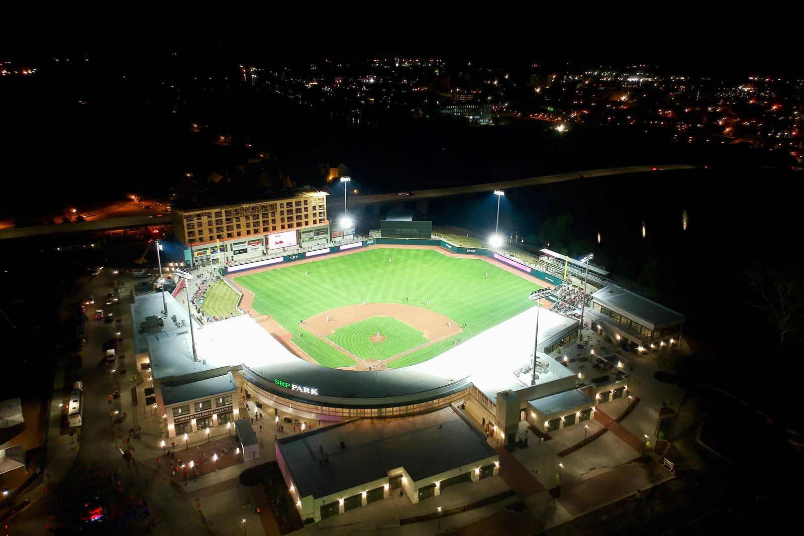 SRP Park, home of the Augusta GreenJackets, on the riverfront in North Augusta, South Carolina, at night.