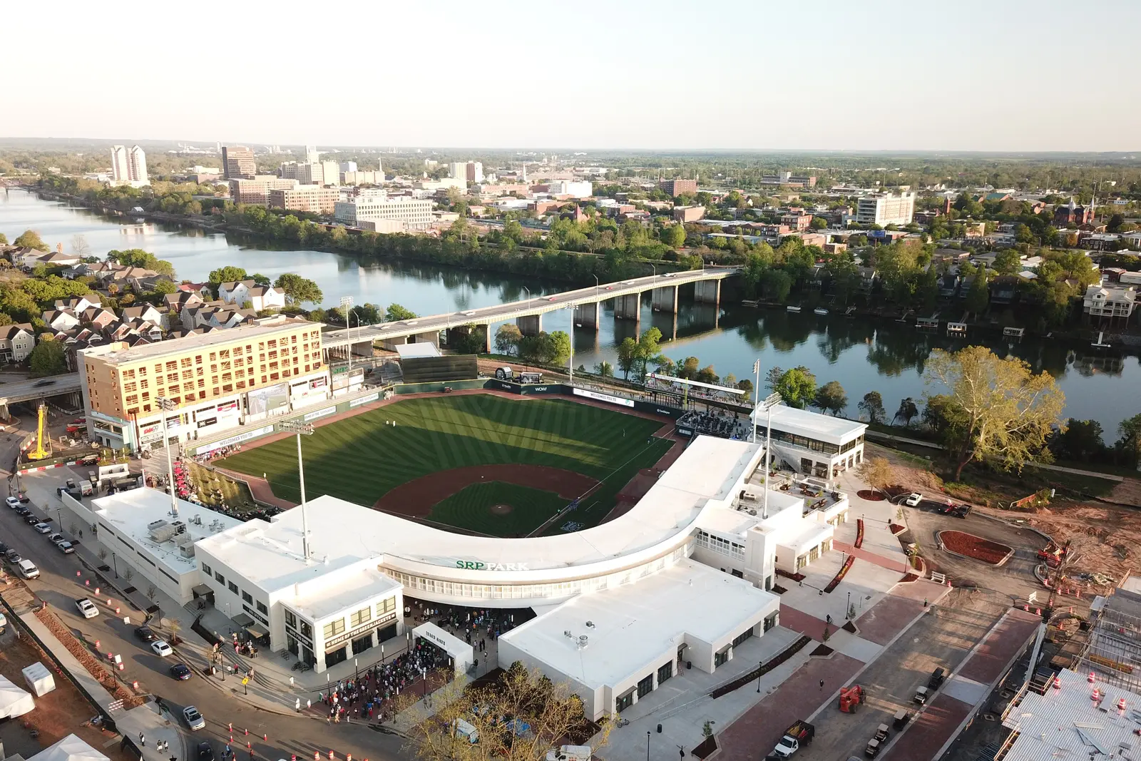 SRP Park in North Augusta, with the Savannah River and downtown Augusta behind it.