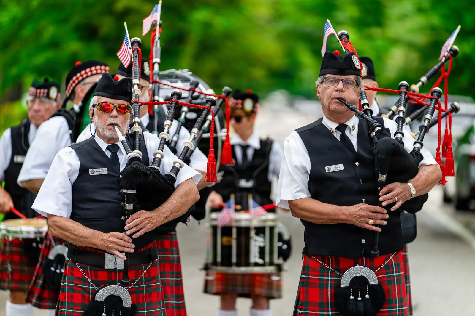The Augusta Pipes and Drums play at the Memorial Day ceremony at the All Wars Memorial on Broad Street in Augusta.