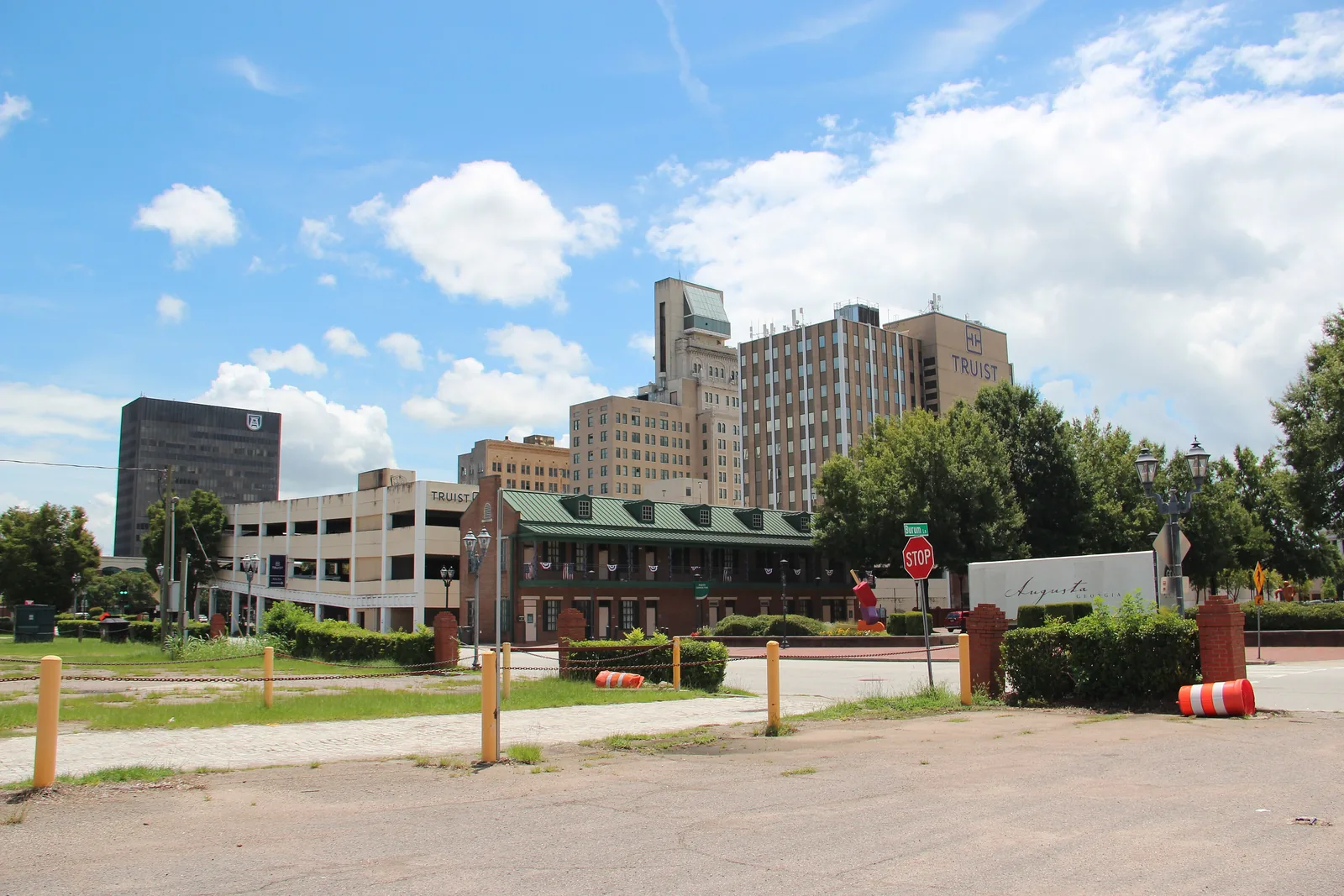 Office towers in downtown Augusta, seen from the riverfront side of downtown.