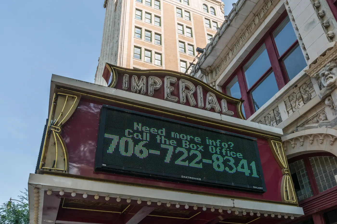 The Imperial Theatre marquee on Broad Street in downtown Augusta, where Colton Ballet dances The Nutcracker.