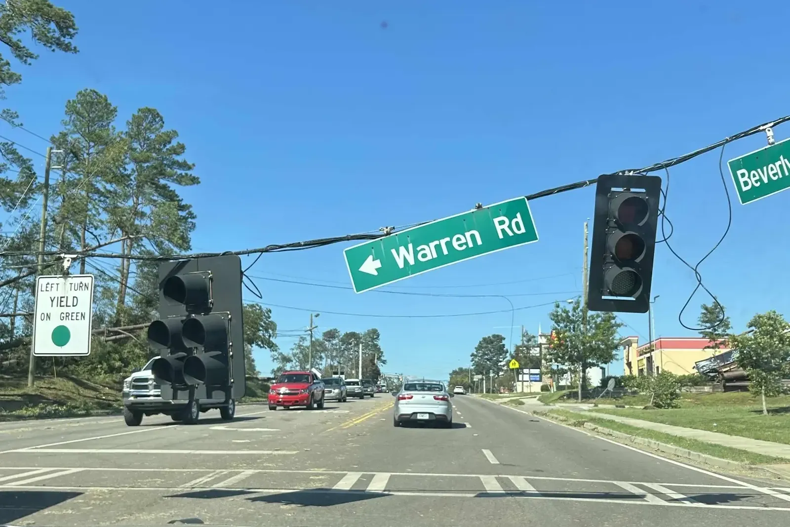 Traffic signals left hanging over Warren Road in Augusta after Hurricane Helene.