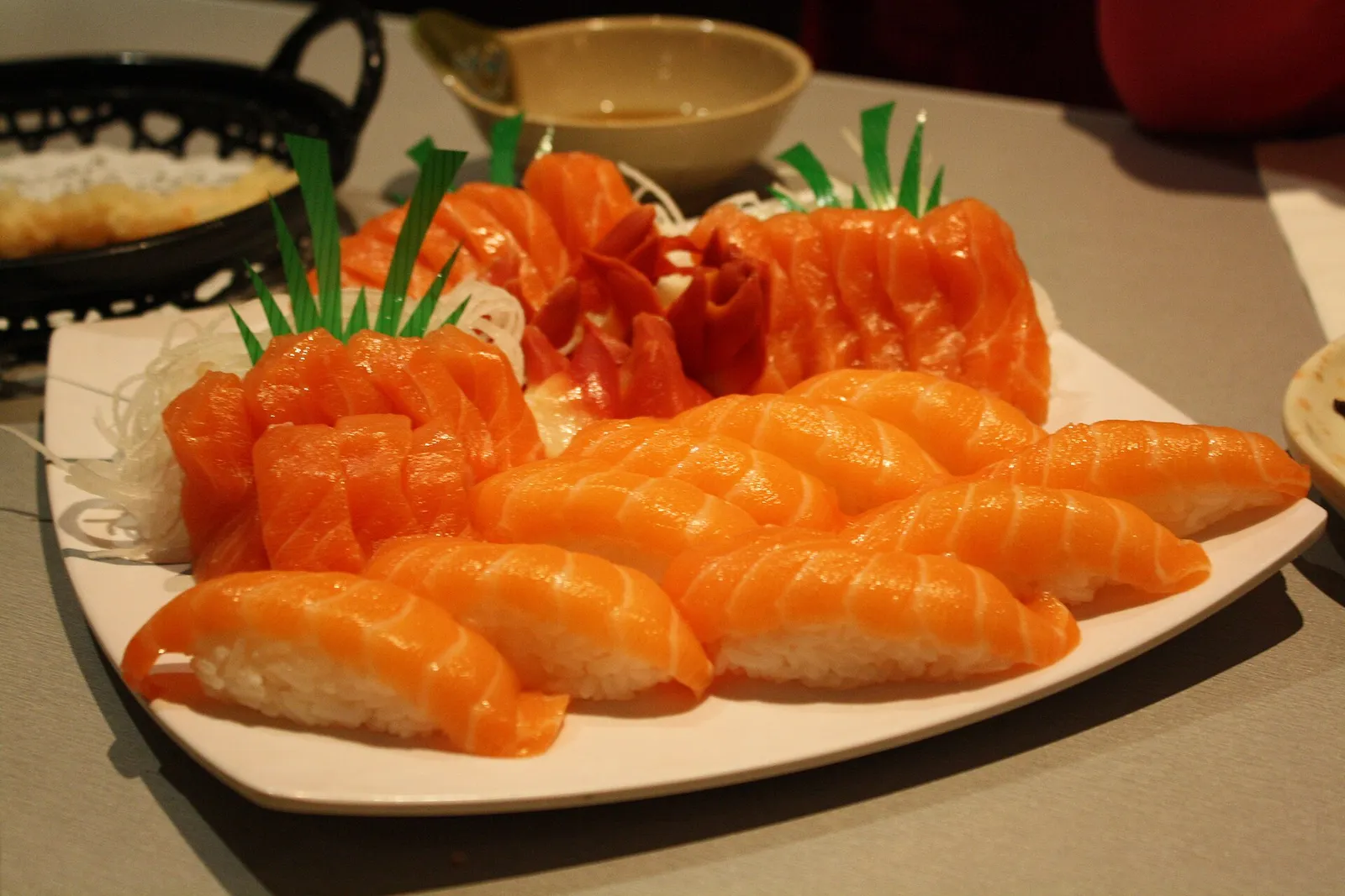 A platter of salmon sushi and sashimi. The photo was not taken at an Augusta restaurant.