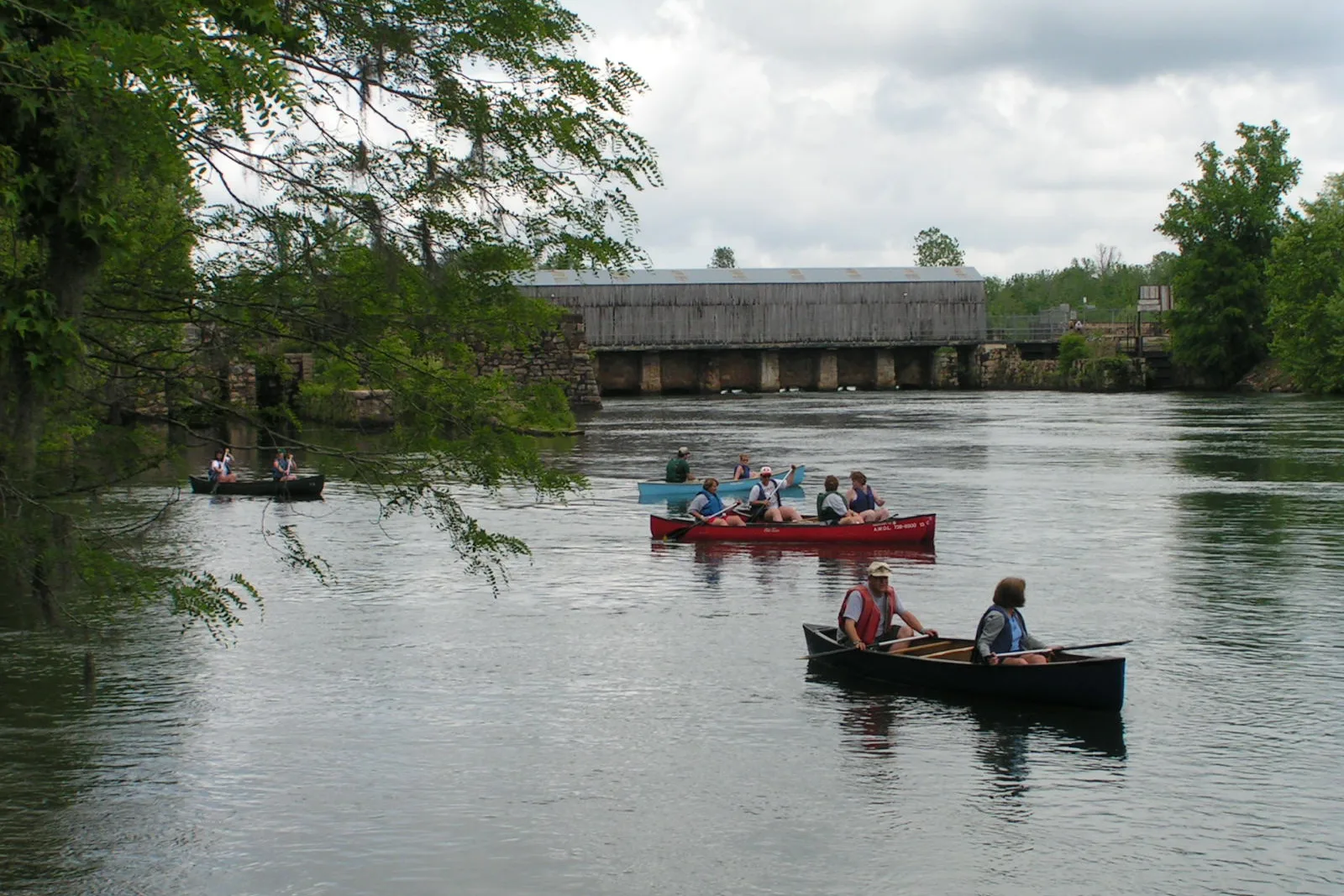 Canoes on the Augusta Canal near the headgates at Savannah Rapids Park, where the towpath begins.